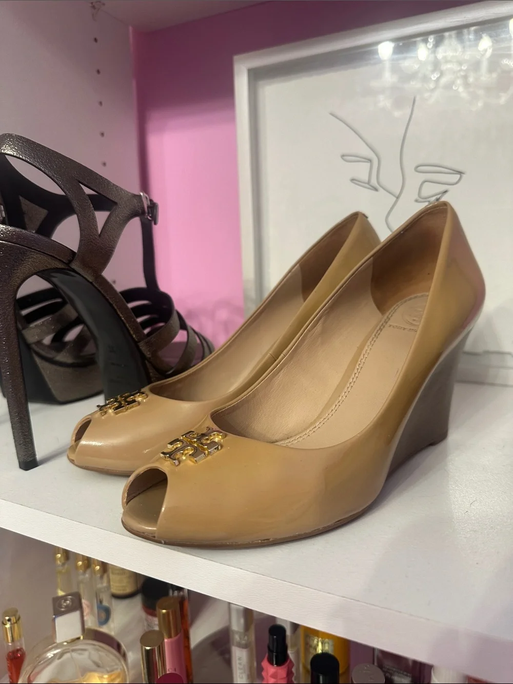 Tory Burch Nude Patent Peep-Toe Flats with Gold Logo